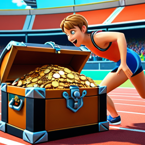 **

Adventurous Tales Runner character finding a treasure chest on a vibrant race track. Emphasize the excitement of discovering valuable items.

**