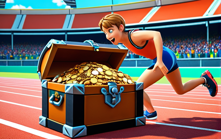 **
Adventurous Tales Runner character finding a treasure chest on a vibrant race track. Emphasize the excitement of discovering valuable items.
**